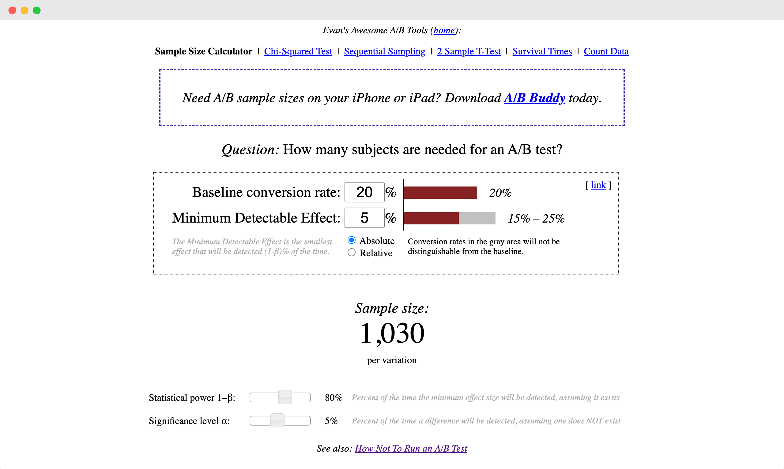 Evan Miller's A/B testing sample size calculator