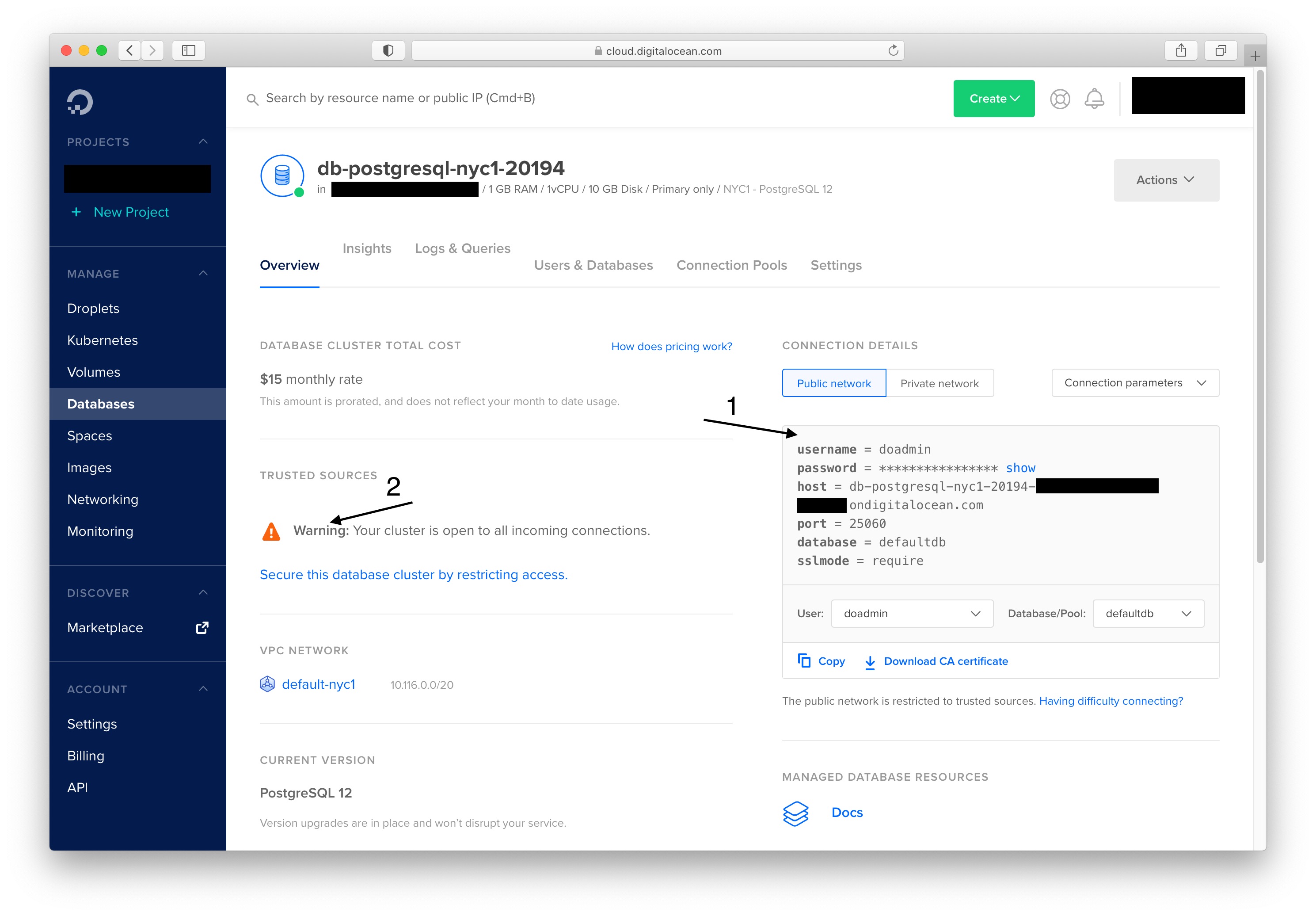 Solidus dashboard on database section, created database