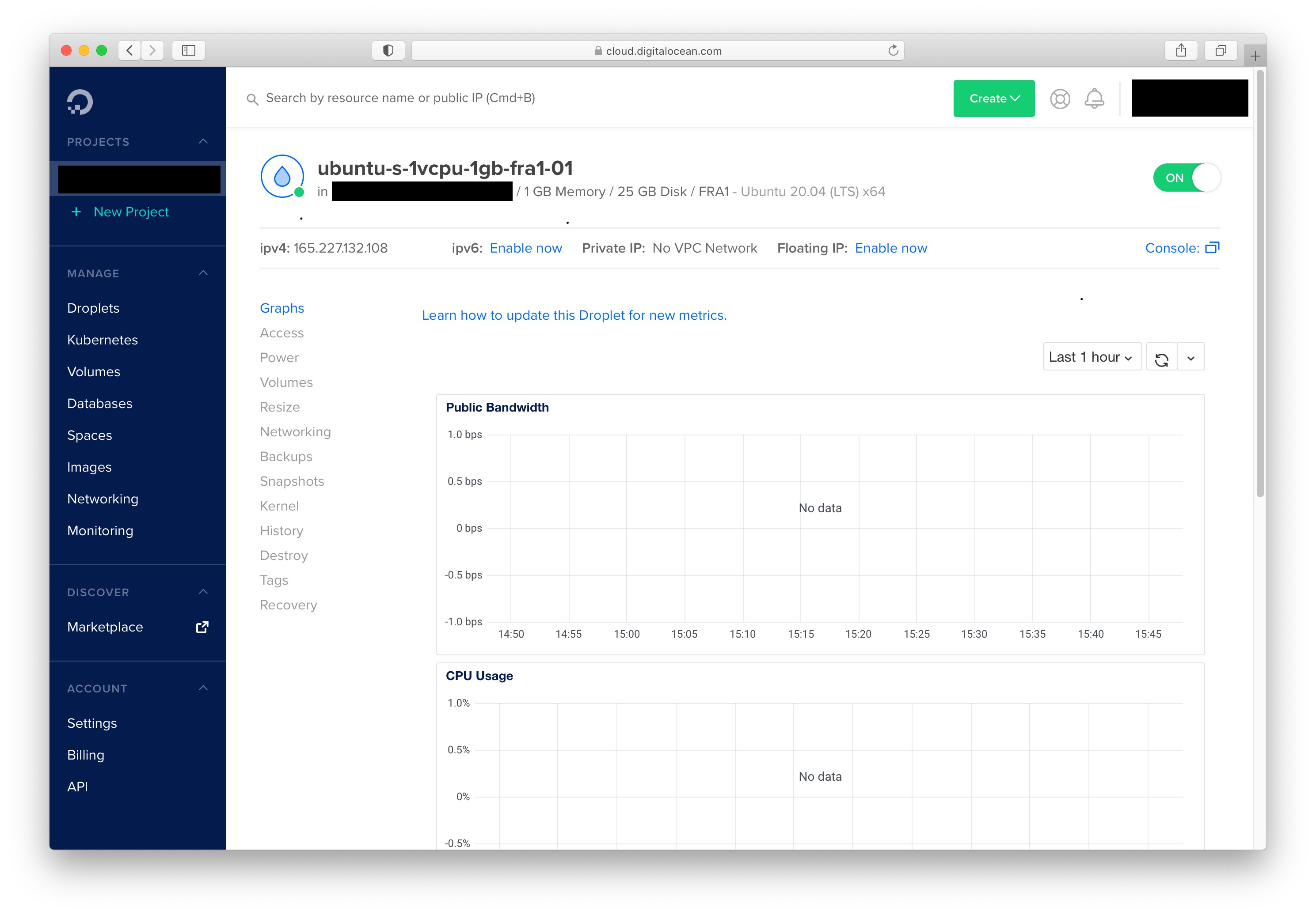 Solidus dashboard on droplet section, with a droplet created