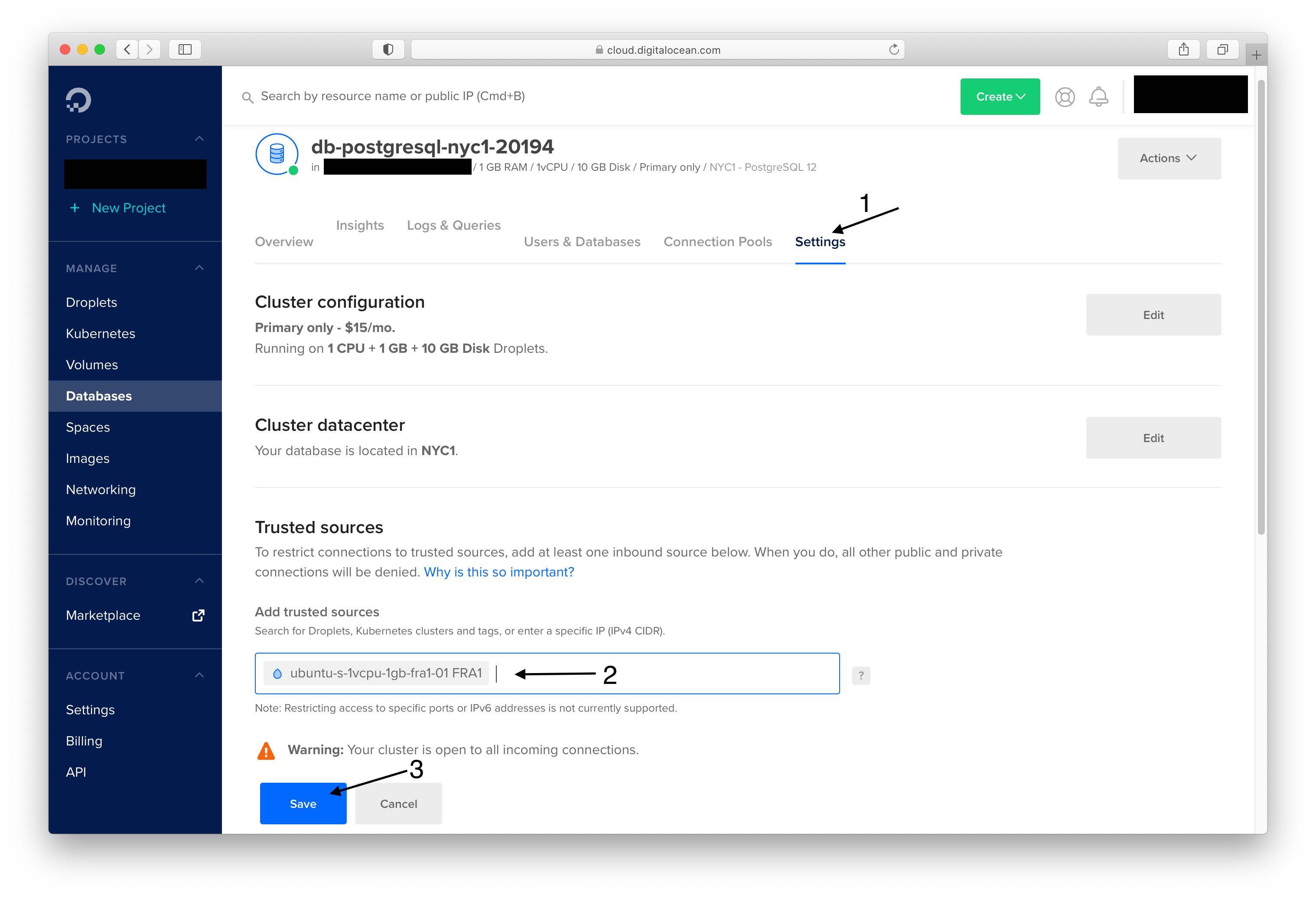 Solidus dashboard on database section, under the settings tab
