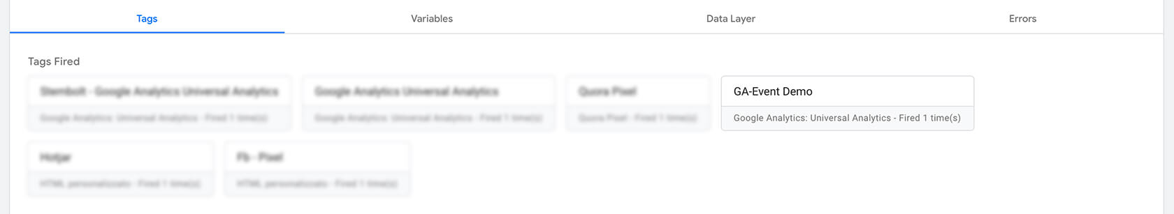 Google Tag Manager, preview of tags fired